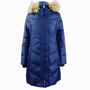 Jones New York Blue Puffer Jacket with Faux Fur Hood